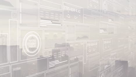 animation of financial data processing over cityscape