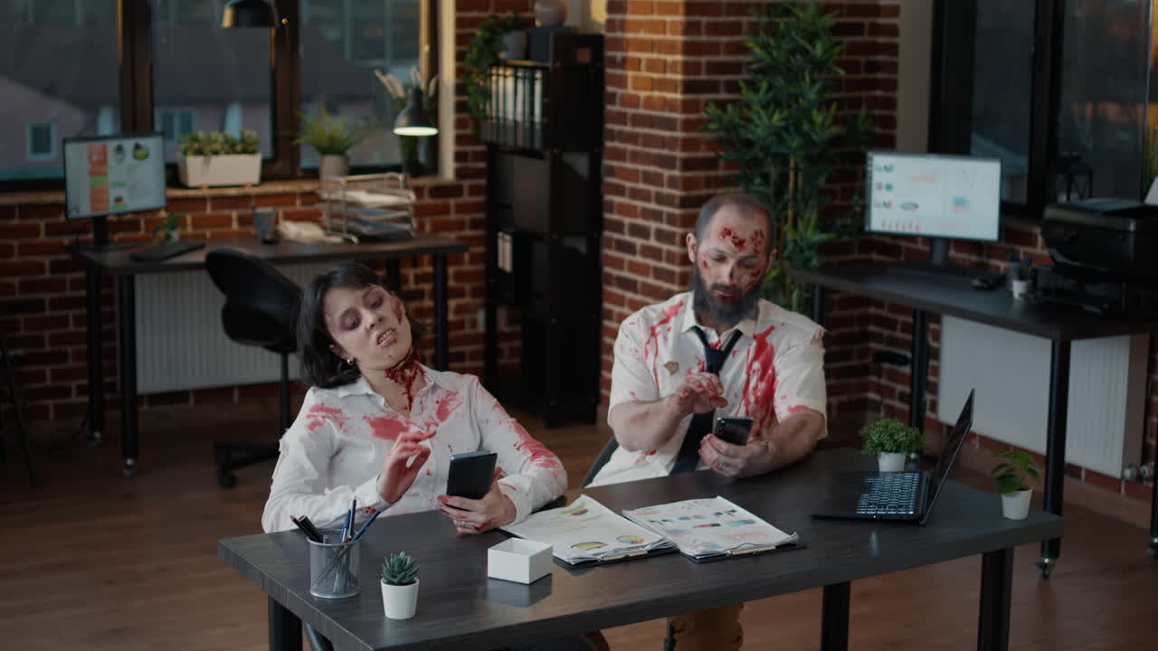 Scary zombies sitting in office while screaming at smartphones because they don't work