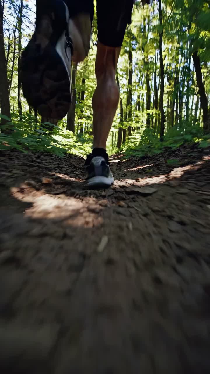 Dynamic low-angle video shot of a person running on a forest trail, capturing motion and energy