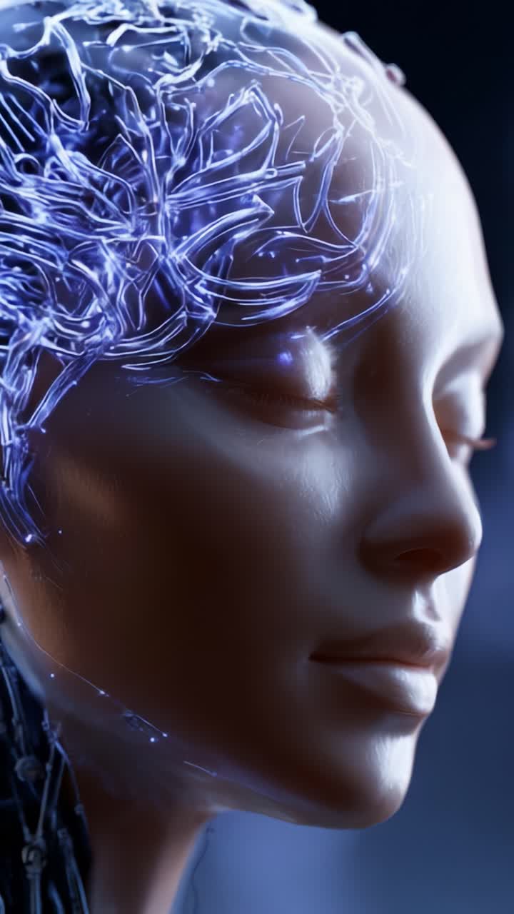 Primo piano di una testa robotica futuristica con una complessa interfaccia neurale, che mette in mostra un intricato design di fili ed elementi luminosi, evocando un senso di innovazione.