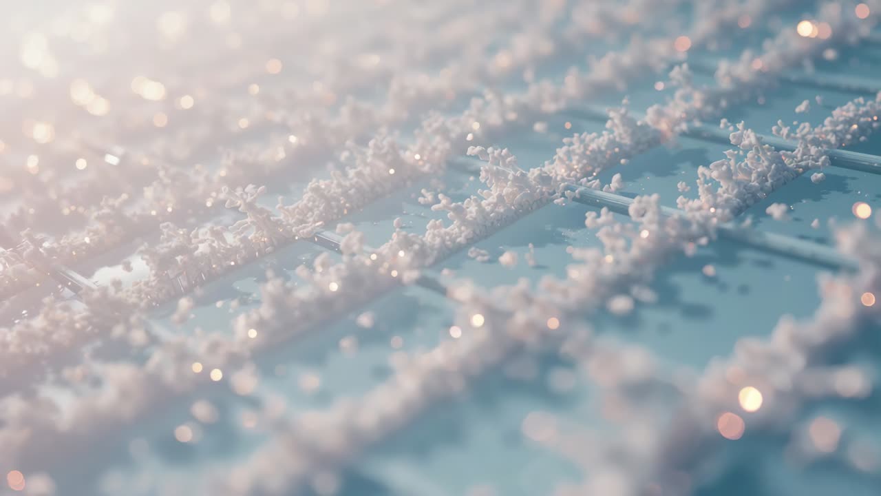 Shifting camera focus revealing parallel rods bearing white crystals on blue panel showing texture