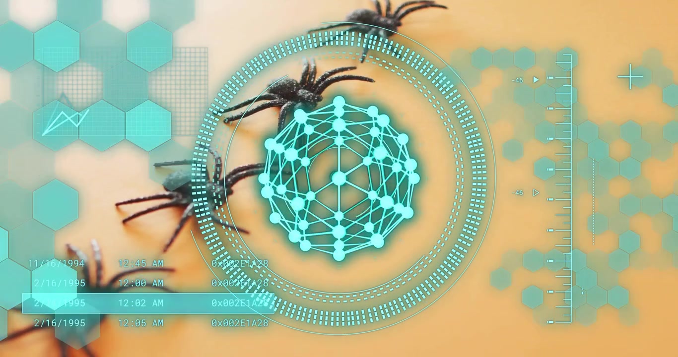 Tarântula entrando no quadro, iniciando varredura, grade hexagonal deslizando, registros de tempo atualizando, analisando movimento.