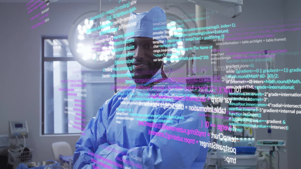 Animation of data processing over biracial male surgeon with face mask