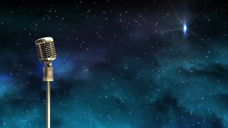 animación de micrófono retro con espacio de copia sobre estrellas brillantes en fondo oscuro