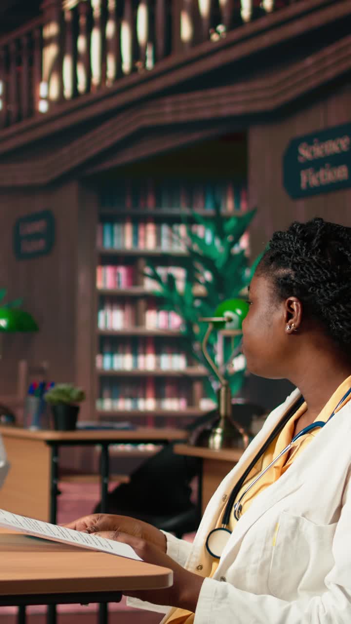 African American Medical Student Reading Documents in Library