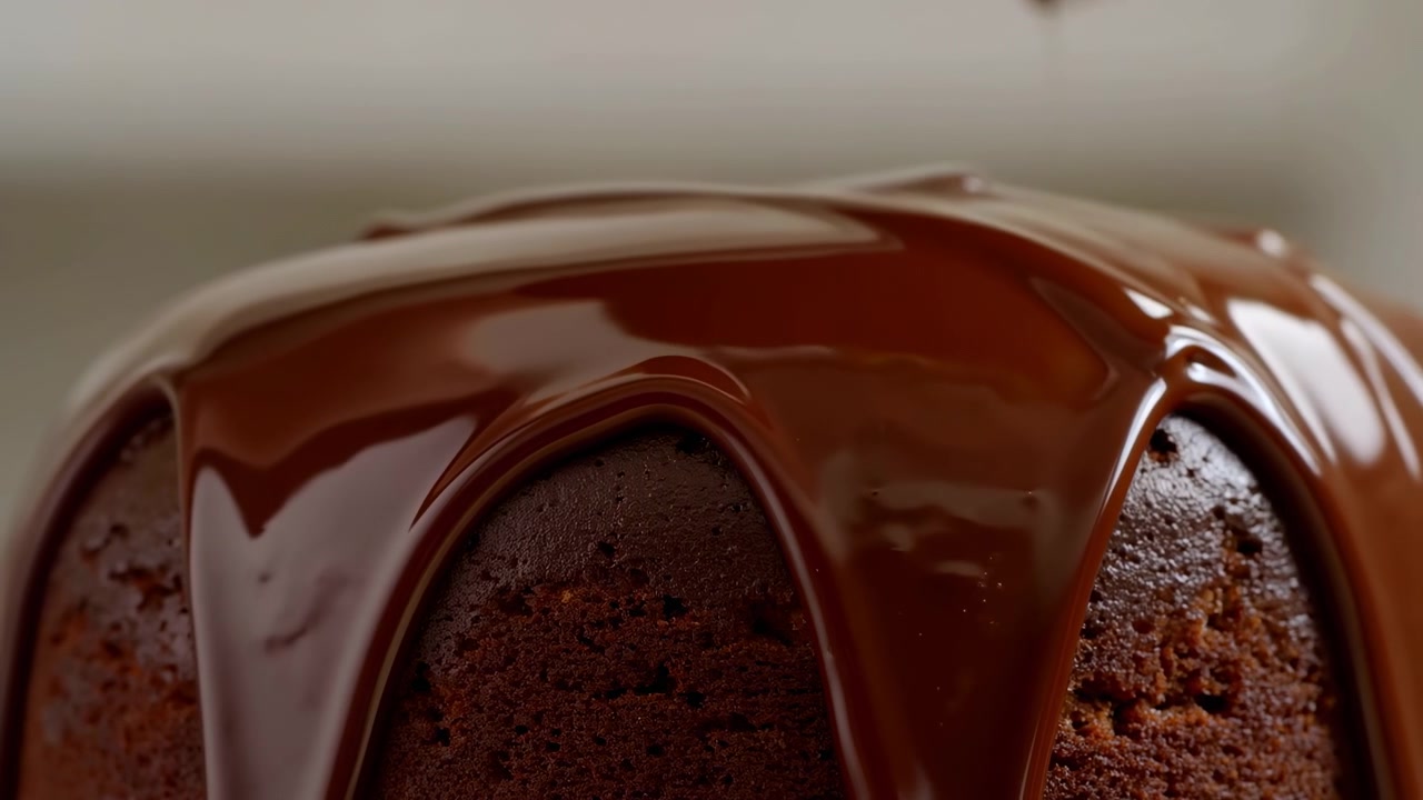 Ganache de chocolate vertiéndose sobre un pastel Bundt, cascada brillante de glaseado cálido envolviendo la miga húmeda, encuadre en primer plano.