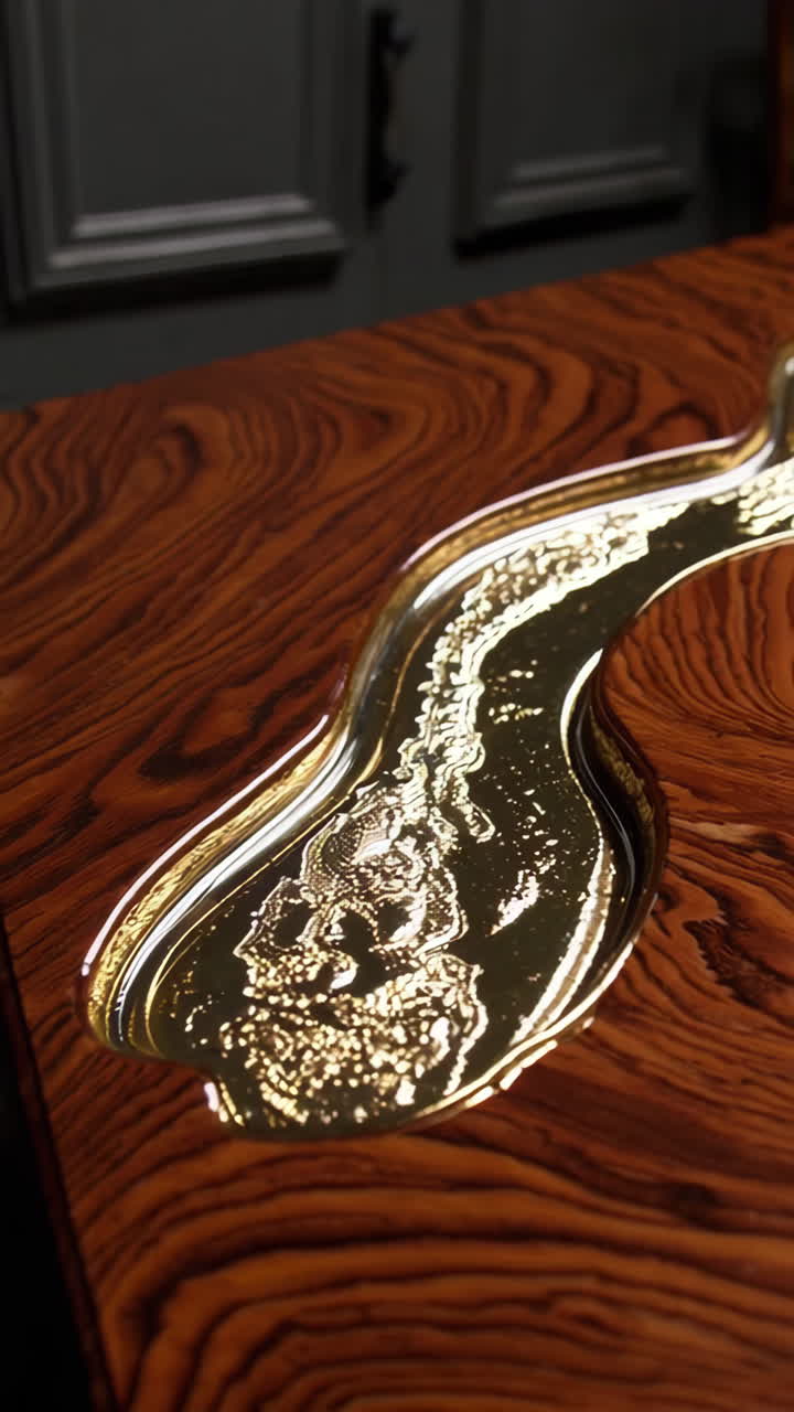 Abstract Golden Inlay on a Wooden Table Surface