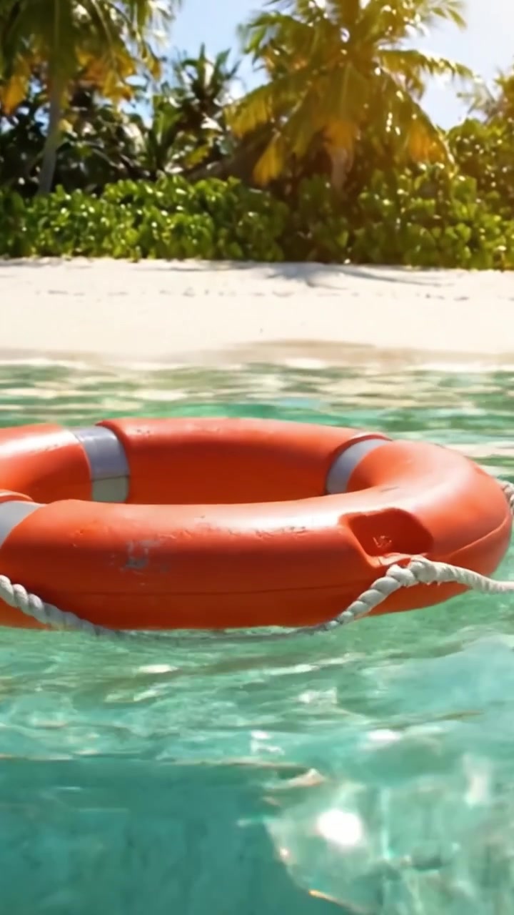 Lifebuoy Floating in Crystal-Clear Water of Tropical Paradise with Lush Greenery and Soft Sandy Beach in Background