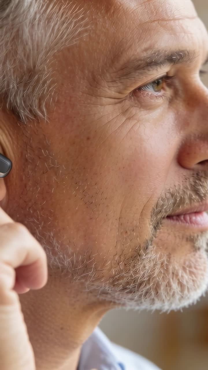 Video vertical: Hombre llevándose la mano a la oreja y colocando un auricular en una demostración tecnológica, con una superposición animada que guía el ajuste.