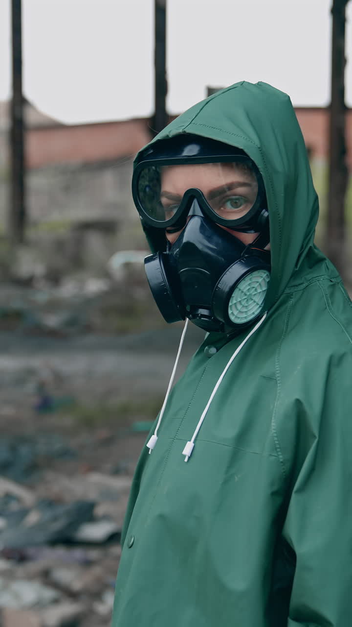 Survivor in radioactive zone. Frightened woman in protective suit and gas mask standing in abandoned place and looks on camera. Technogenic catastrophe. Vertical video