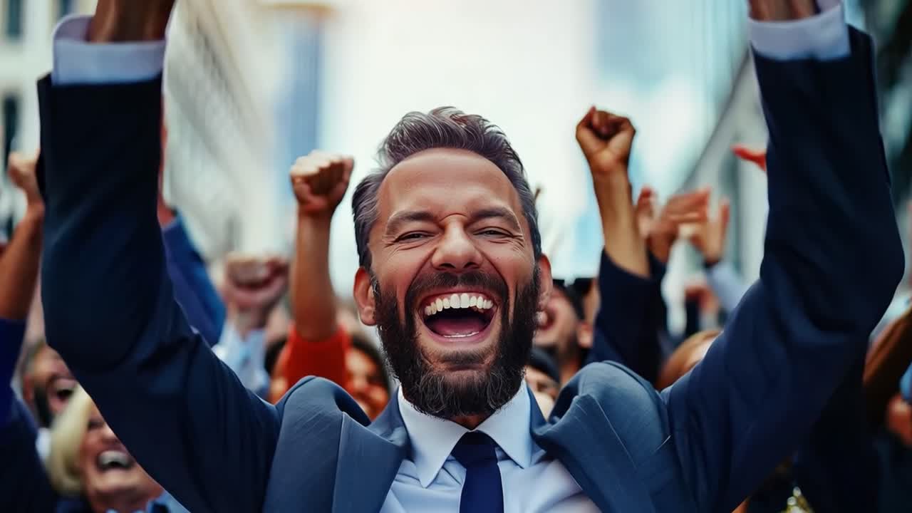 Successful Businessman Celebrating with Crowd