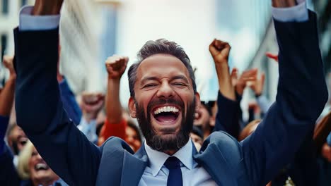successful businessman celebrating with crowd