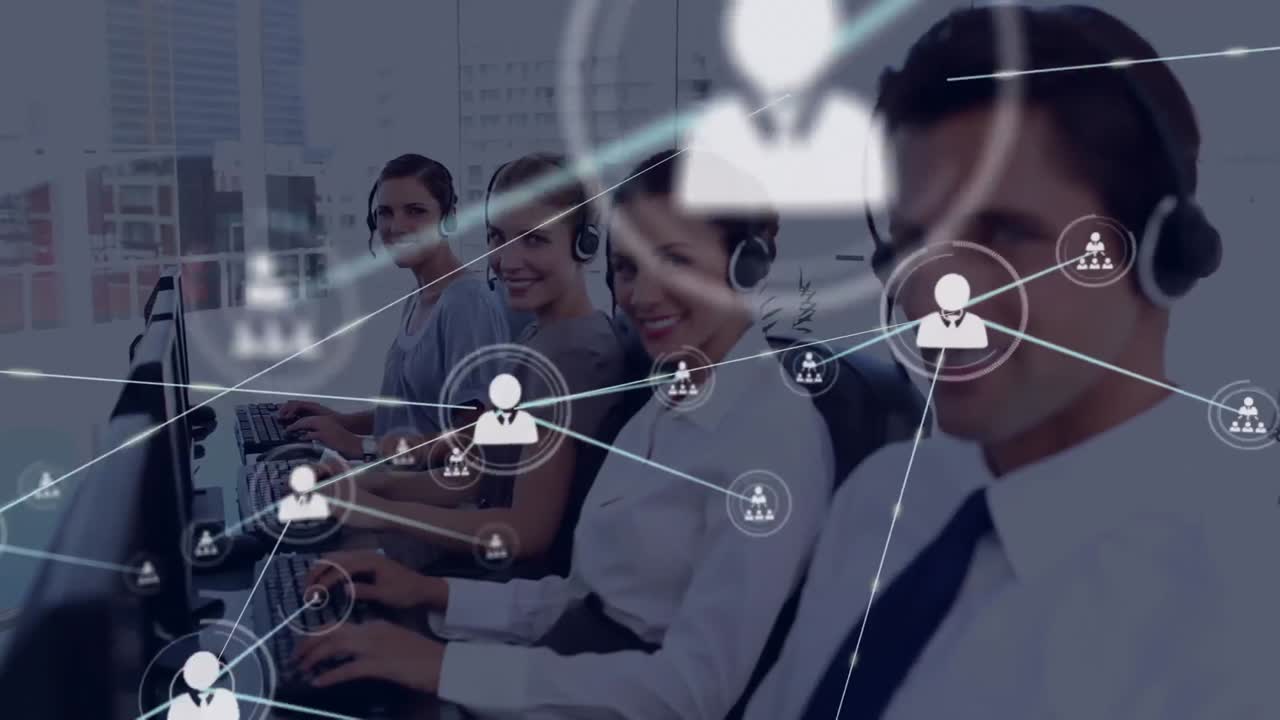 Animation of network of profile icons over team of diverse colleagues smiling at office