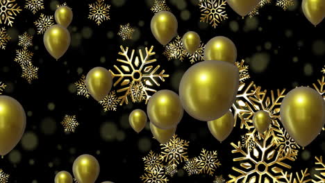 animación de globos de oro con copos de nieve sobre un fondo negro