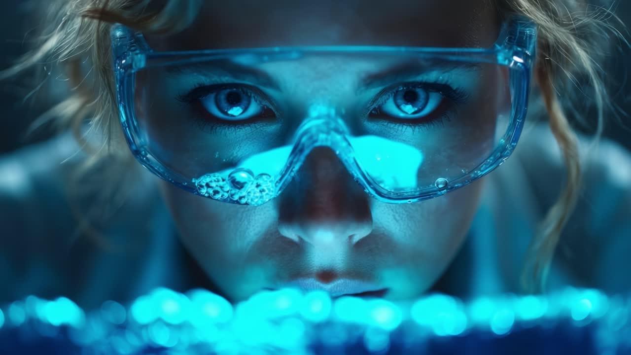 Massima concentrazione e curiosità: uno sguardo ravvicinato a uno scienziato che esamina un esperimento subacqueo con riflessi di luce blu in un ambiente di laboratorio