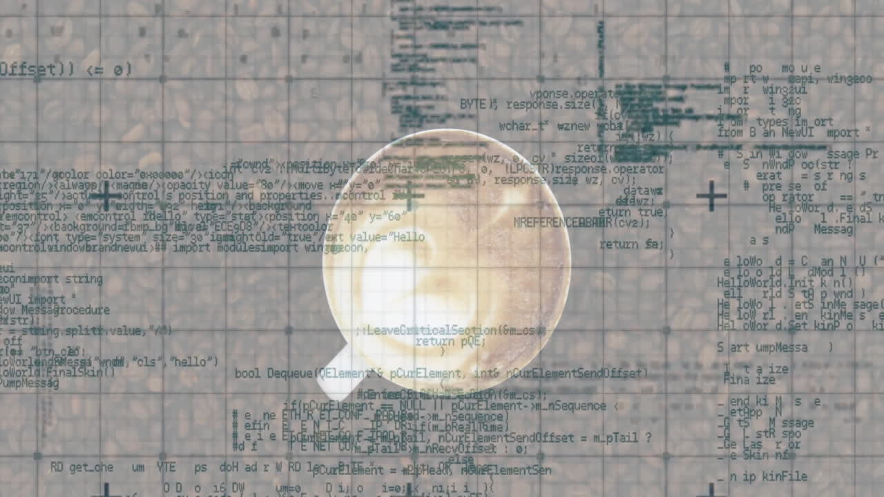 White ceramic coffee cup floating over bean backdrop showing latte art with code overlay plus icons