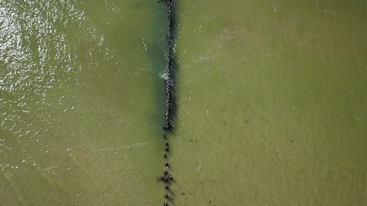 화창한 날 발트해 연안의 공중 조감도, 오래된 목조 부두, 파도로 손상된 백사장 해변, 해안 침식, 기후 변화, 광각 드론 샷