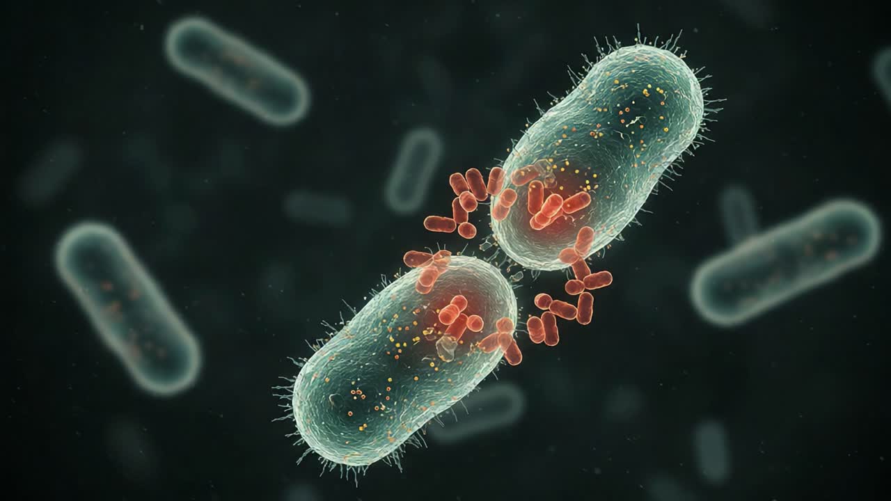Microscopic Interaction Between Bacteria Illustrating Division Process and Transmission of Genetic Material for Research and Educational Purposes