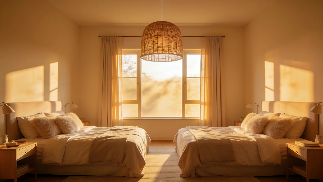 Luce solare che si sposta attraverso due letti singoli da una finestra centrale in camera da letto, riscaldando il comodino destro.