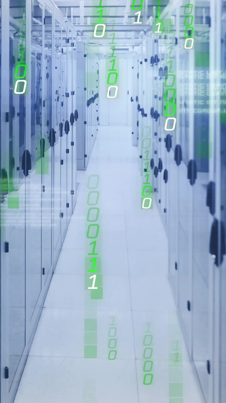 Animation of falling binary codes and computer language over server room