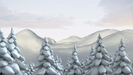 animation of snow falling over fir tree in winter landscape