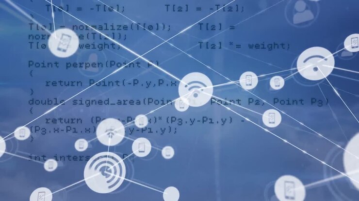 Animation of network of connections with digital icons and data processing on blue background