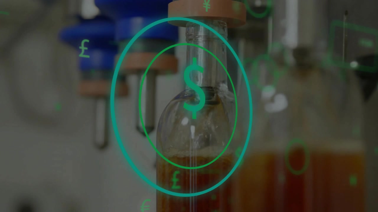 Central flask amber liquid, camera zooming out revealing lab as teal currency pulsing showing value