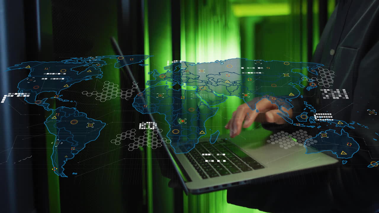 Animation of world map and data processing over asian male it engineer by computer servers