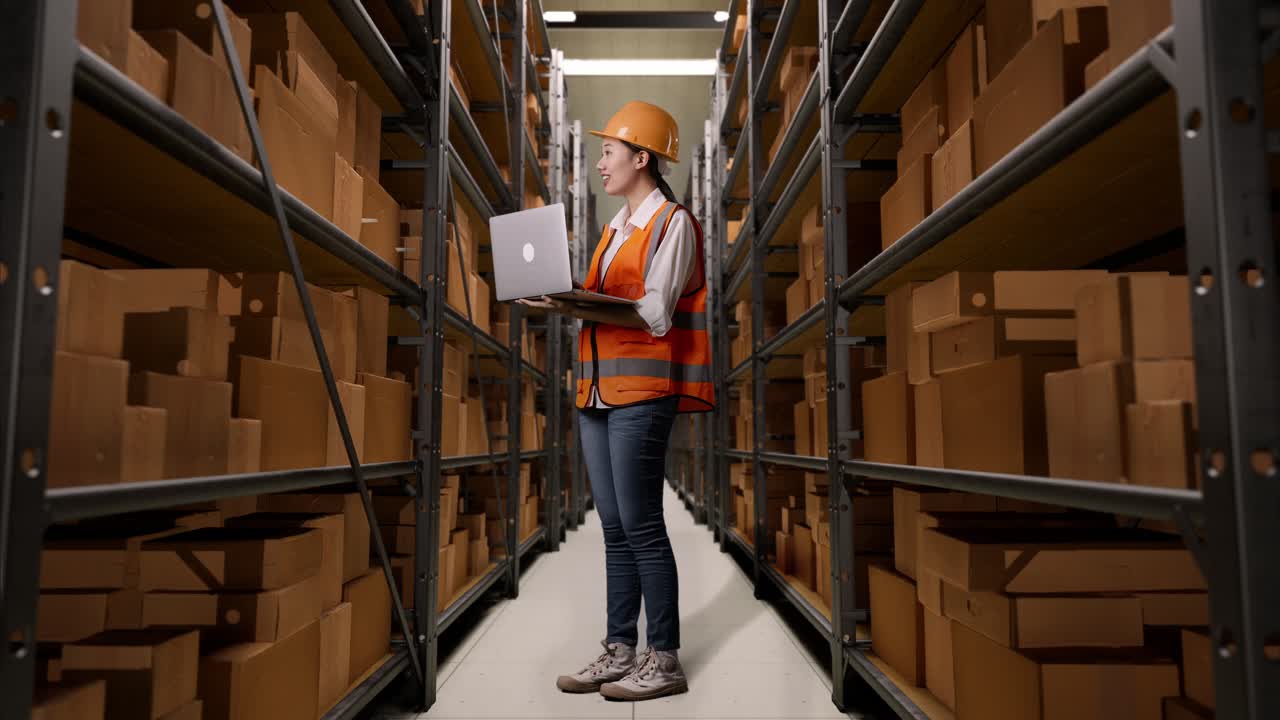 trabajador de almacén que utiliza una computadora portátil