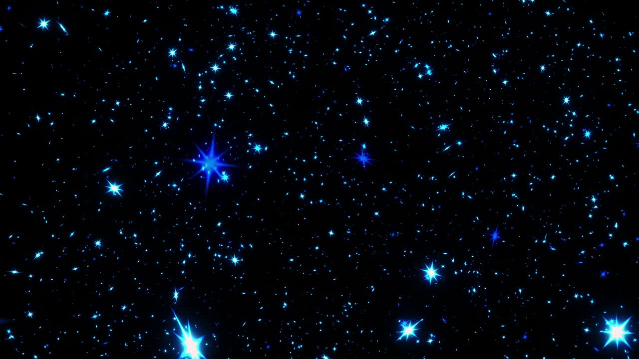 흑색 배경에 반이는 빛나는 파란색 별 애니메이션의 4k 3d 원활한 루프: 공간 애니메이션에서 은하계 하늘 박이는 빛과 함께 그래픽 모션 오버레이 효과 루프, 은하계 우주 탐사 및 회전.