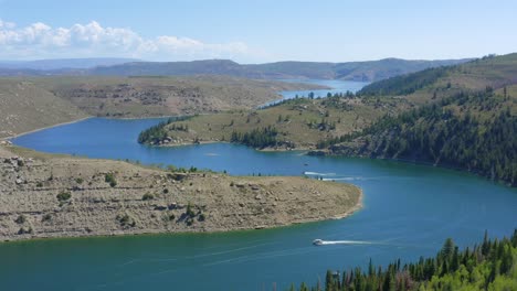 flying over strawberry reservoir in utah with boats enjoying the summer day