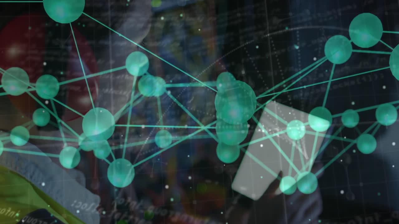 Mid-adult woman holding smartphone in cybersecurity theme, blending network nodes and floating code