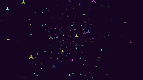 flying random neon confetti in dark galaxy