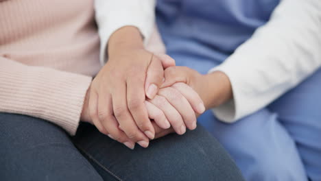 closeup, support and holding hands with nurse