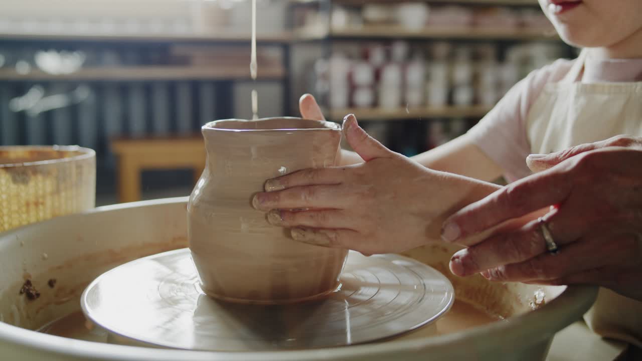 la abuela enseña a su nieta a trabajar en una rueda giratoria de cerámica