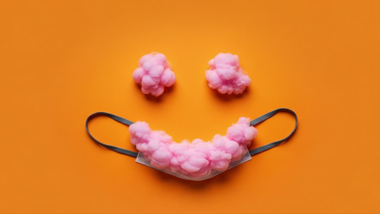 A Creative Arrangement of a Face Mask and Pink Clouds Creating a Cheerful Expression Against a Vibrant Orange Background, Symbolizing Joy and Positivity