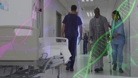 animation of dna strand and connections over diverse doctor and patient at hospital