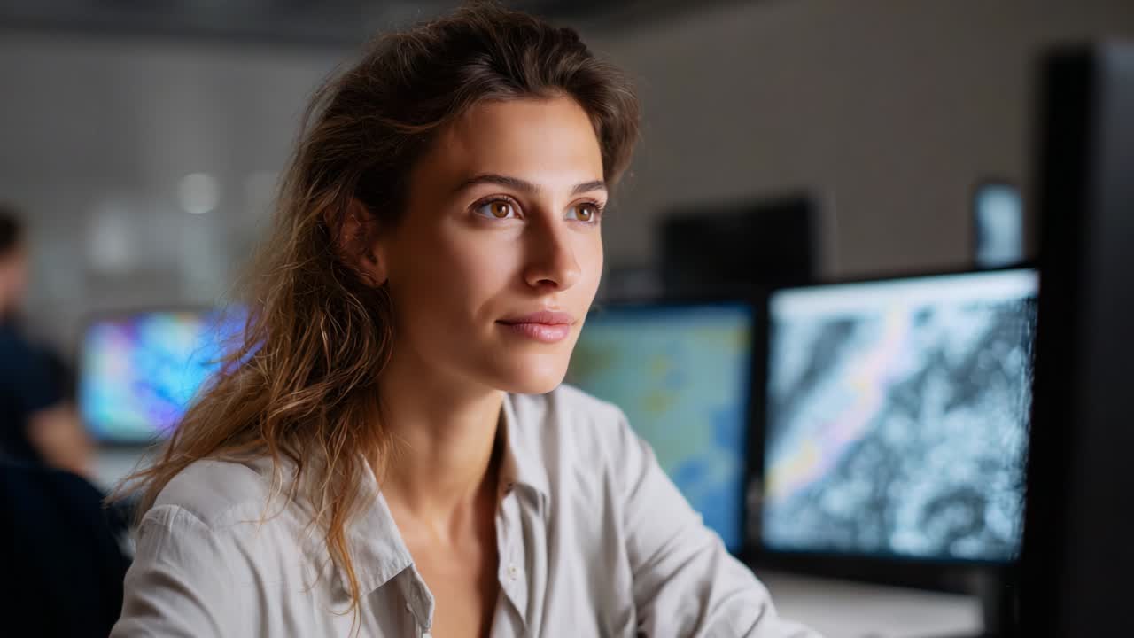 Focused Professional Analyzing Digital Data on Computer in Modern Workspace, With Multiple Monitors Displaying Complex Visual Information and Patterns, Illustrating Concentration and Technology Use