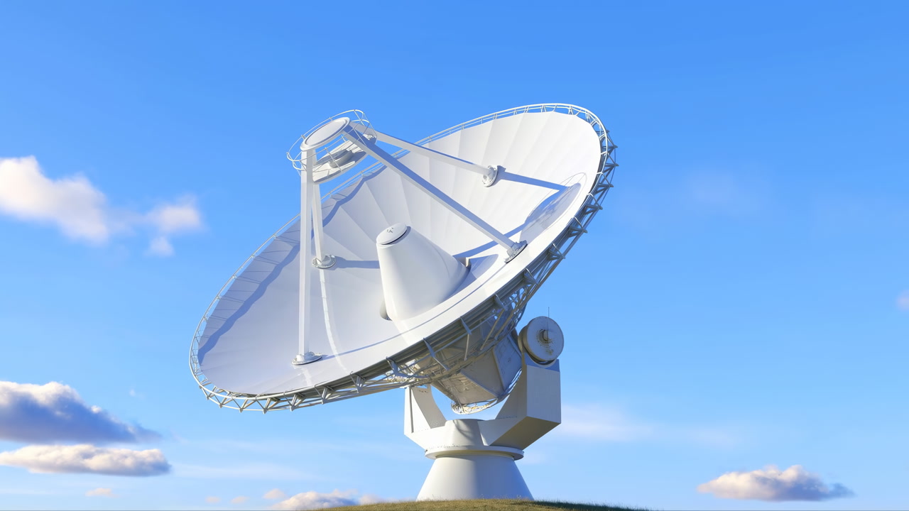 White Satellite Dish On Grassy Hill Under Clear Blue Sky With Scattered Clouds, Parabolic Antenna Rotating