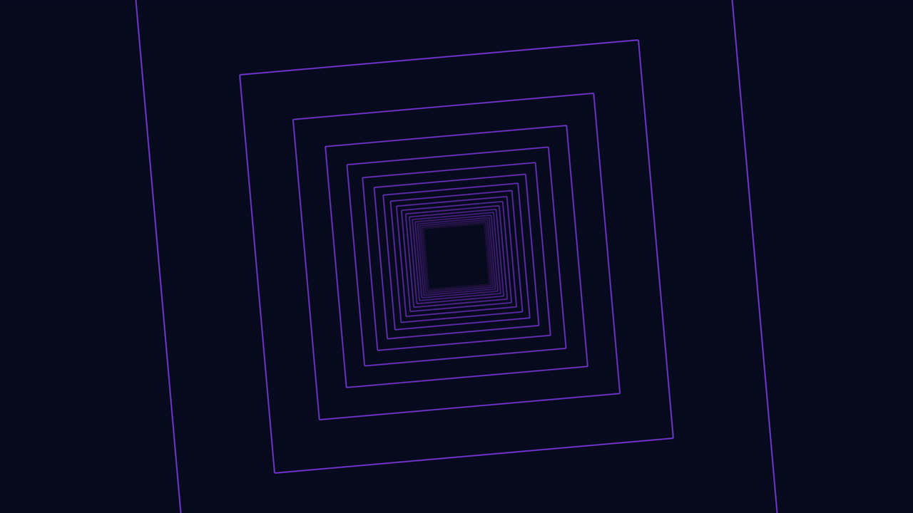 Abstract neon square tunnel animation background with glowing purple lines