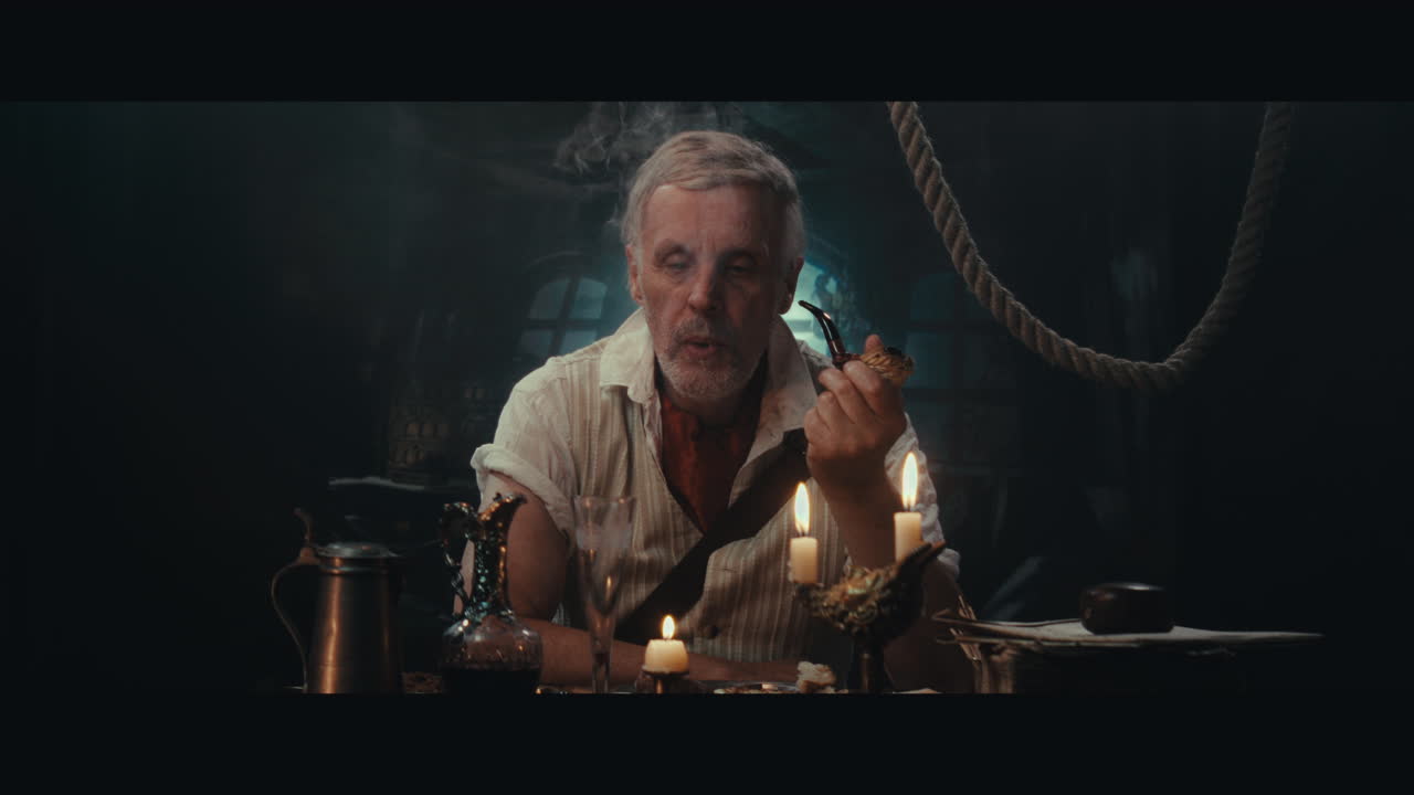 An old pirate eats and drinks and smokes a pipe inside the sailing ship cabin