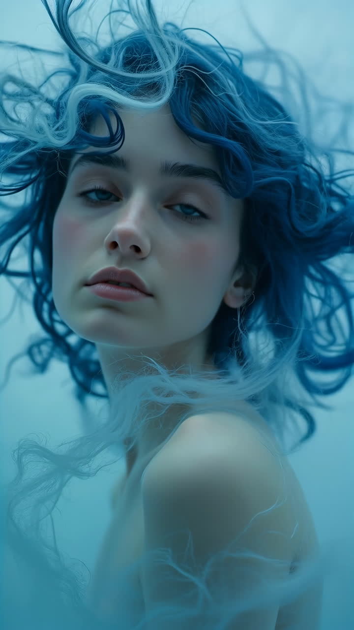 Donna eterea con capelli blu fluenti