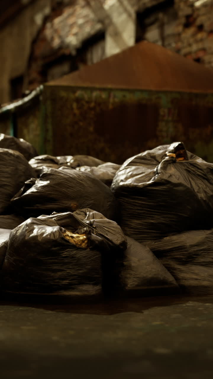 Piles of garbage bags behind an old building in a dimly lit alley