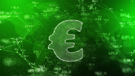 euro currency sign on green background with changing financial indicators. lines and dots with moving numbers. abstract looped animation.