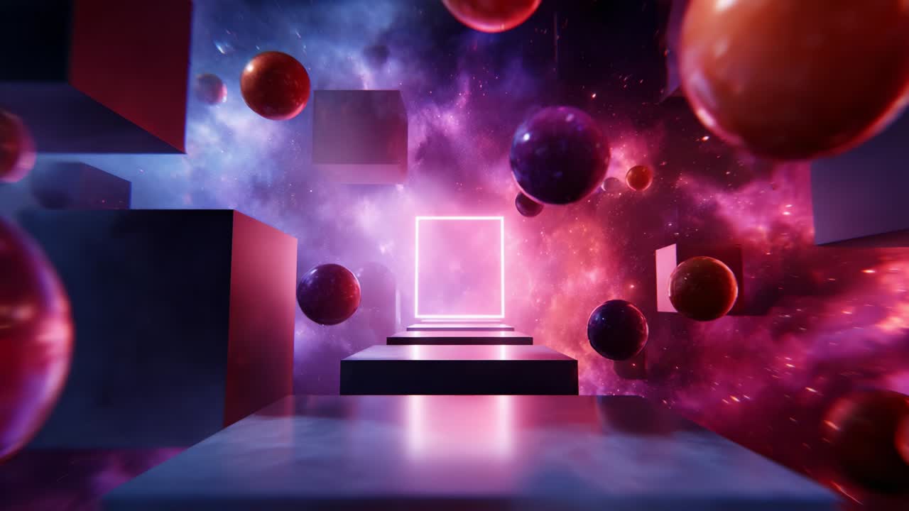 A captivating journey through a vibrant cosmic landscape filled with floating geometric shapes and luminous spheres, creating an enchanting visual experience in an otherworldly dimension