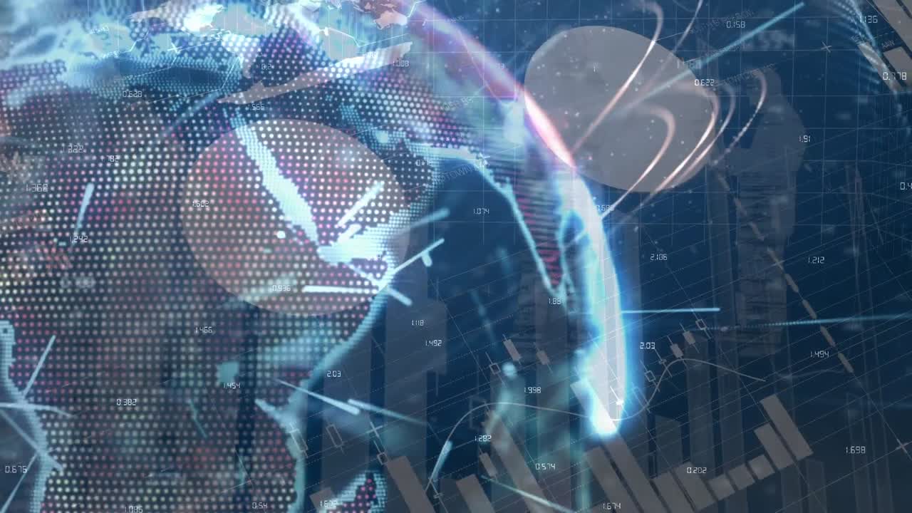 어두운 배경 위의 데이터 처리 및 지구의 애니메이션