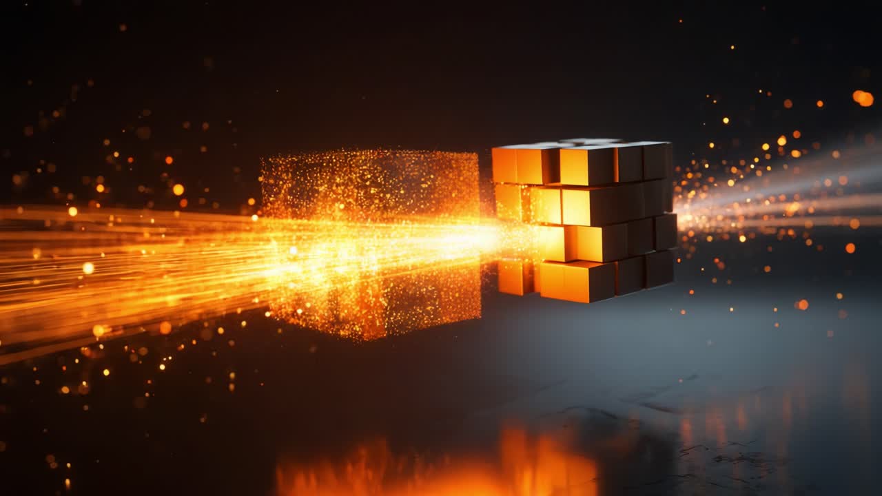 Dynamic Visual Representation of Energy Flow Through a 3D Cube Structure with Explosive Particles, Featuring Vibrant Colors and Dramatic Lighting Effects for an Engaging Presentation