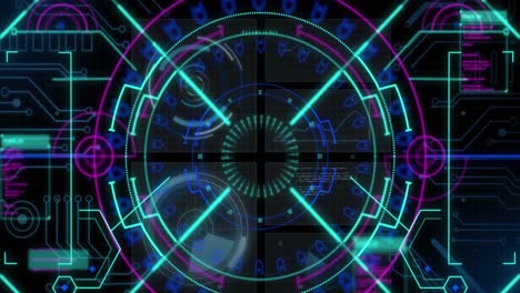 animación de la interfaz con escáner redondo, conexiones de microprocesador y procesamiento de datos