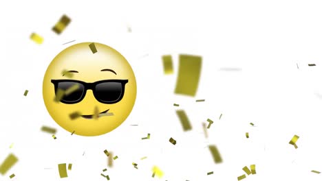 Animation-Von-Goldenem-Konfetti,-Das-über-Emoji-Mit-Sonnenbrille-Auf-Weißem-Hintergrund-Fällt