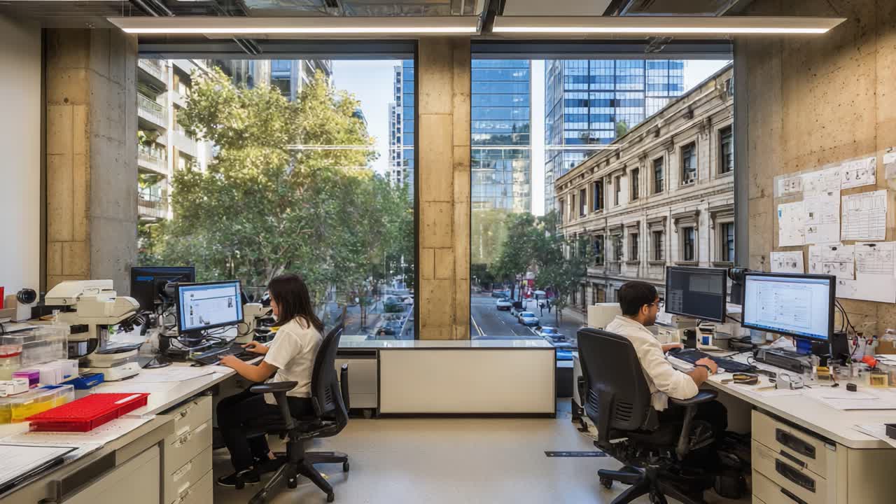 A Modern Laboratory Office Space Showcasing Collaboration and Innovation with Scenic Urban Views Through Large Windows
